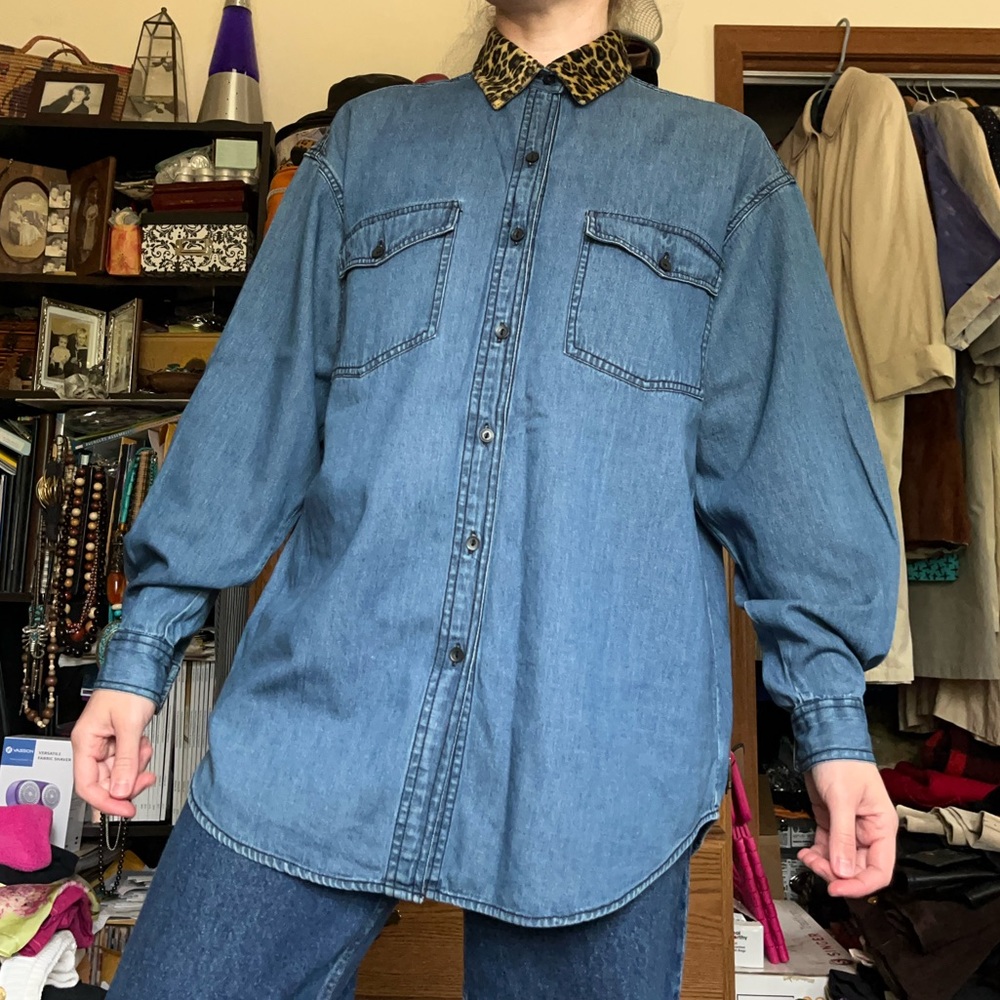 90s Solutions Denim Button-Up Shirt Leopard Collar Animal Print Funky - Picture 9 of 13
